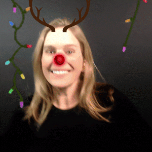 An augmented reality photo booth GIF of a guest with antlers and a red nose