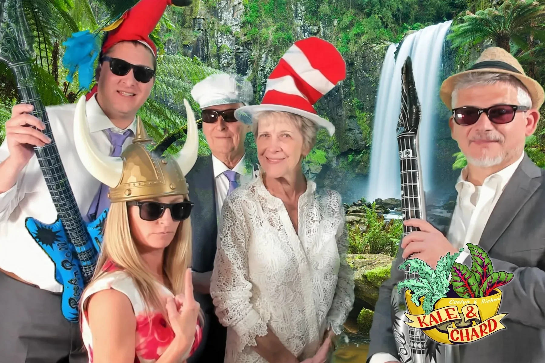 Party guests in props composited into a waterfall scene on green screen