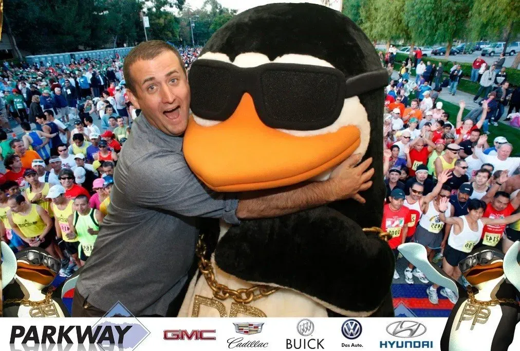 Playful green screen photo with a penguin background